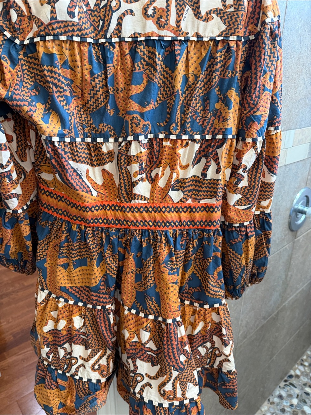 FARM Rio Burnt Orange, Navy & Cream Tiered Mini Dress with Scarf Tie - Picture 4 of 4